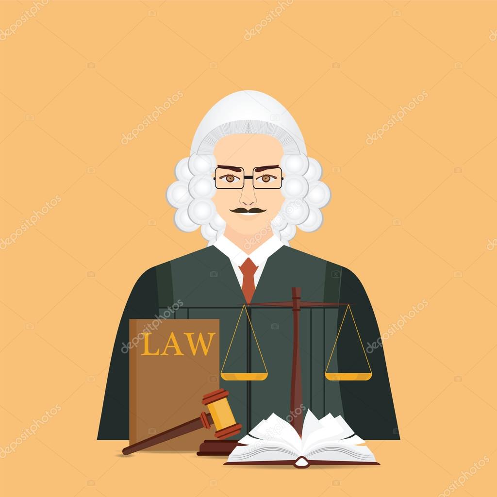 Male judge in wig with Law and justice set icon, Scales of justice, gavel and books in flat style, Conceptual justice and law Vector illustration.