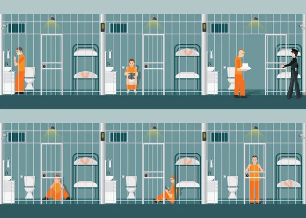 Fileiras de celas de prisão com prisão perpétua . — Vetor de Stock