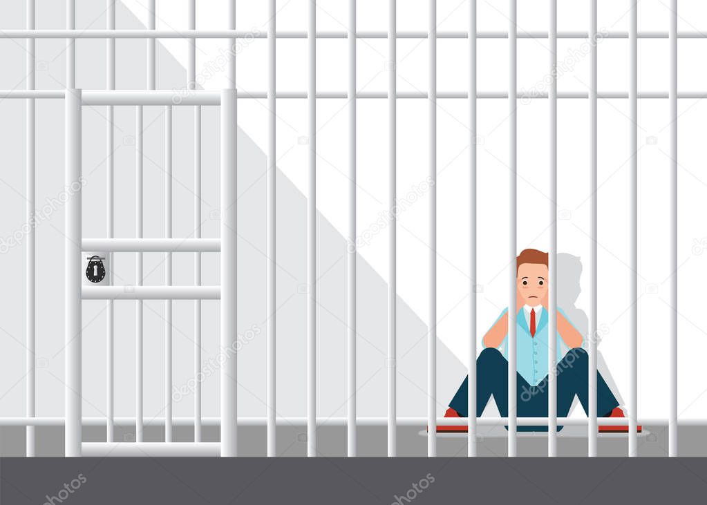 Stressed businessman sitting in the jail.