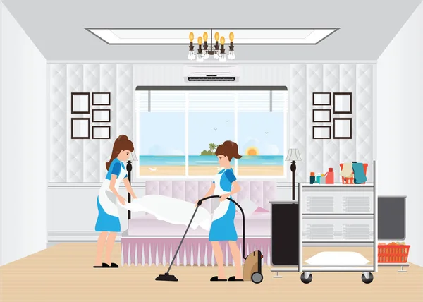 Limpieza de limpieza habitación de hotel con carrito de limpieza . — Vector de stock