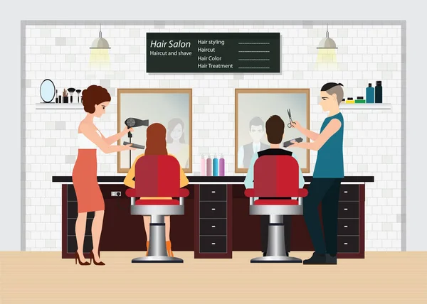 Cabeleireiro corta o cabelo do cliente no salão de beleza . — Vetor de Stock
