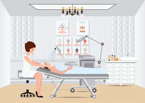 Spa facial massage behandeling met ozon gezichtsbehandeling stoomboot op bed. — Stockvector
