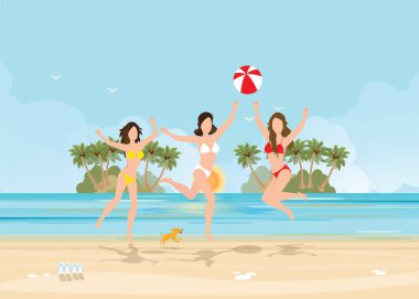 Üç bikini kadın önemli güzel plaj topu ile atlama