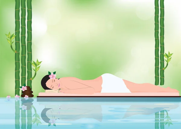 Jovem bela mulher relaxante em ambiente de spa com bambu e — Vetor de Stock