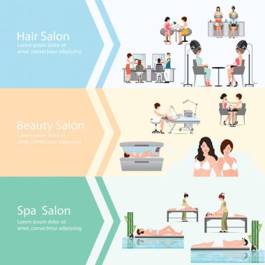 Spa Güzellik Salonu'müşterilerle üç yatay afiş.