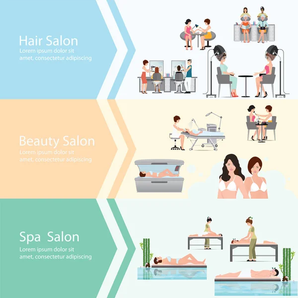 Drie horizontale banners met klanten in spa beauty salon. — Stockvector