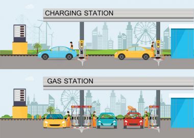 Şarj istasyonu ve benzin ve oi ile iki yatay afiş