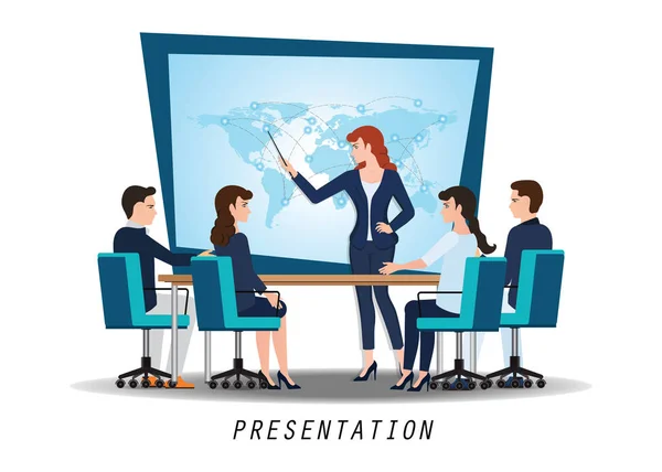 Business woman presenting world business on whiteboard .