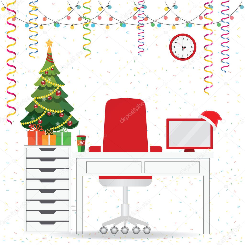 Christmas and New Year in modern office workplace interior with 