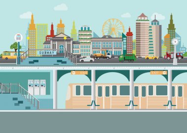 Cityscape metro ile tren istasyonu platformu şehir sokak altında 