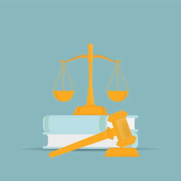 Βιβλία δικαίου με ένα σφυρί δικαστές σε επίπεδη στυλ. — Διανυσματικό Αρχείο