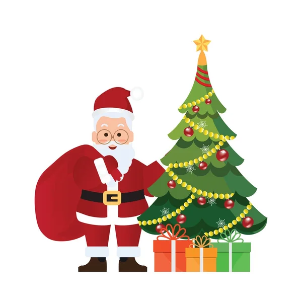 Árbol de Navidad y Santa Claus con bolsa y caja de regalo . — Vector de stock