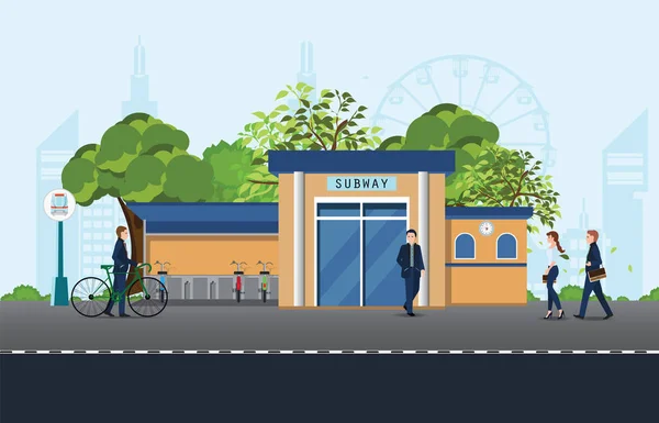 Aparcamiento de bicicletas para hombre cerca de la estación de metro . — Vector de stock