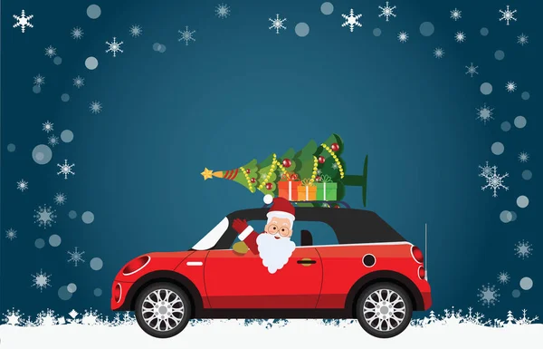 Забавні Діда Мороза водіння червоний автомобіль з ялинки та подарунки. — стоковий вектор
