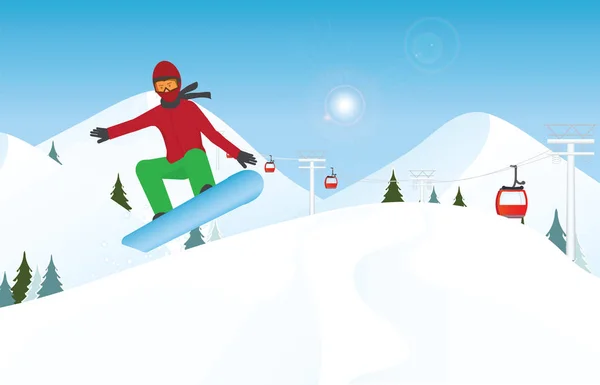 Snowboarder springen door lucht tegen blauwe hemel. — Stockvector