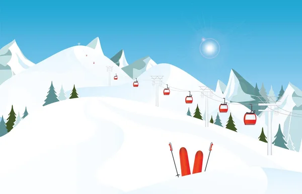 Зимовий гірський пейзаж з парою лиж у сніжному та лижному підйомниках — стоковий вектор