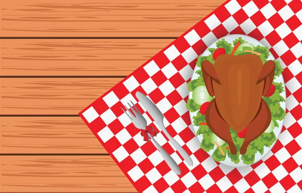 포크와 나이프 빨간 탭에 타원형 접시에 구운된 터키 새 — 스톡 벡터