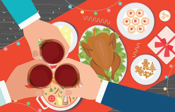 クリスマス ディナーとテーブルの上に美味しい食べ物を食べて. — ストックベクタ
