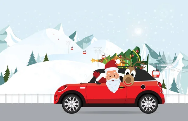 Lustiger Weihnachtsmann und Rentier fährt rotes Auto mit Baum — Stockvektor