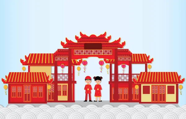 Çin kasabasında Çinli erkek ve kız ile mutlu yeni yıl . — Stok Vektör