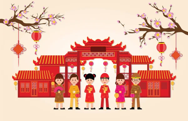 Happy New Year in China Town with chinese boy and girl . — Stock Vector