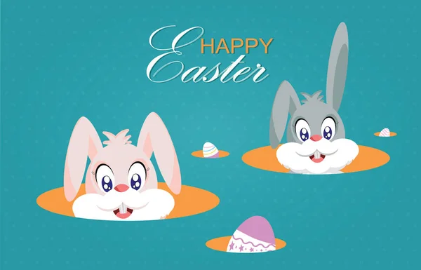 Cute Easter bunnies or easter rabbits and easter eggs isolated o