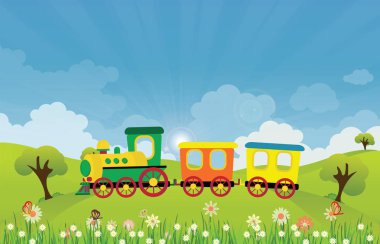 Bahar Yaz çayır üzerinde sürme oyuncak tren güneş ışınları, yatay