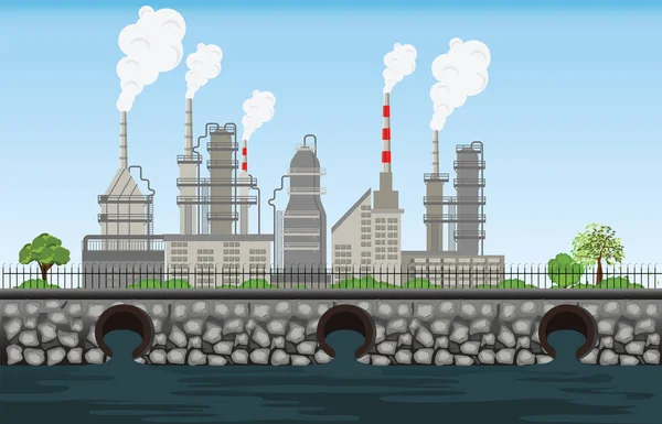 자연 오염 공장 파이프 더러운 폐기물 공기 및 물 오염 된 e — 스톡 벡터