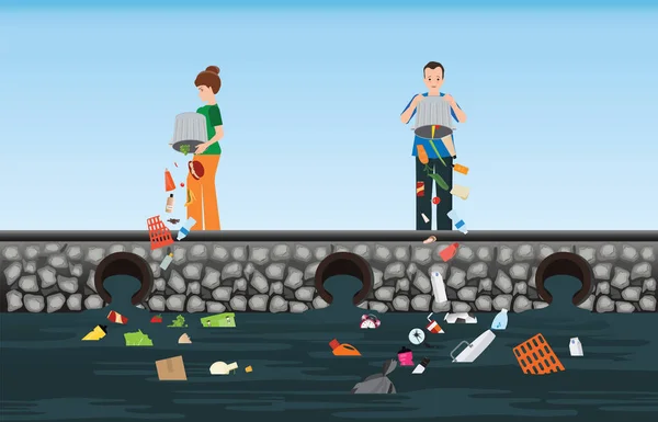 People dumping garbage into the river. — Stock Vector