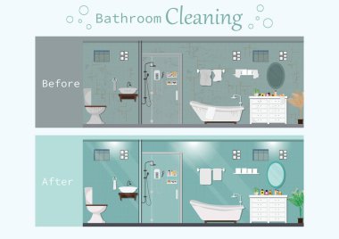 Modern mobilyalarla dolu temiz ve kirli bir banyo..