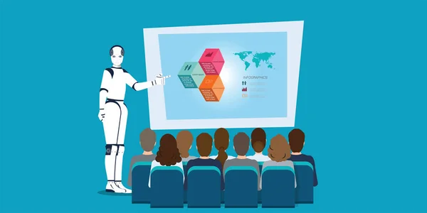 Robô de inteligência artificial explicando a apresentação a bordo t — Vetor de Stock