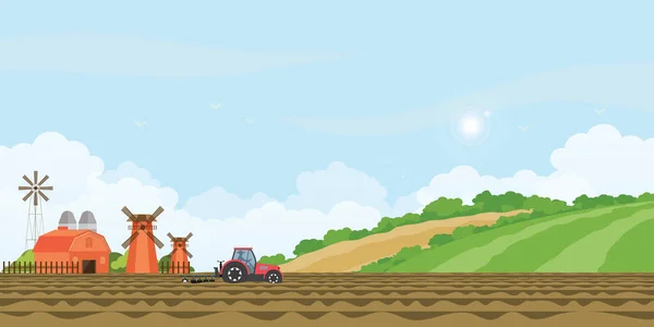 Jordbrukare som kör traktor i brukad mark och bondgård. — Stock vektor