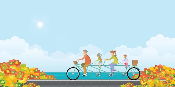 Happy famiglia ciclismo tandem bicicletta in autunno paesaggio con col — Vettoriale Stock