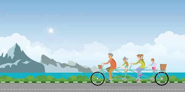 Happy famiglia bicicletta tandem in estate paesaggio con mou — Vettoriale Stock
