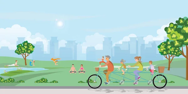 Şehir manzaralı parkta bisiklet sürerken mutlu aile bisikleti — Stok Vektör