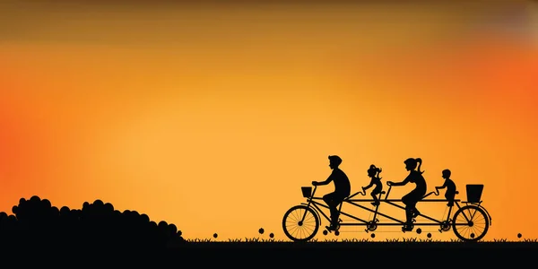 Silueta de bicicleta en tándem familia feliz con hermosa — Vector de stock