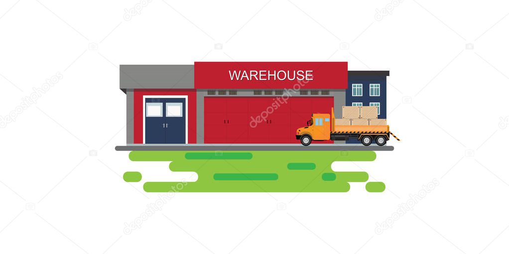 Warehouse building with semi-trailer truck isolated on white.