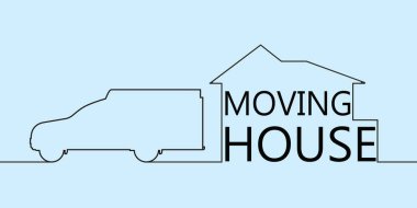 Continuous line drawing of moving house with car. 