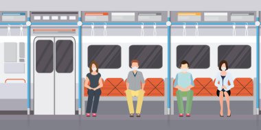 Metroda tıbbi maske takan insanların arasına sosyal mesafe koyma kavramı. COVID-19.vect iletimi sırasında hastalık yayılmasını önlemek için her iki sandalye arasındaki boşlukları ayrı tutun, insanlar arasındaki fiziksel mesafeyi artırın.