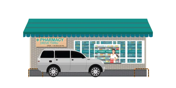 Drive Thru Pharmacie Avec Client Produit Acheté Sur Lecteur Travers — Image vectorielle