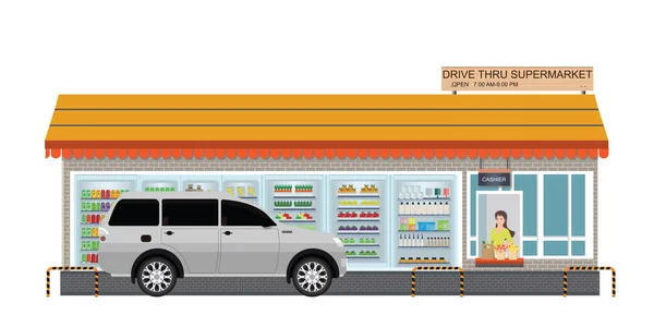 Drive Thru Supermercado Con Cliente Producto Comprado Una Línea Transmisión — Archivo Imágenes Vectoriales