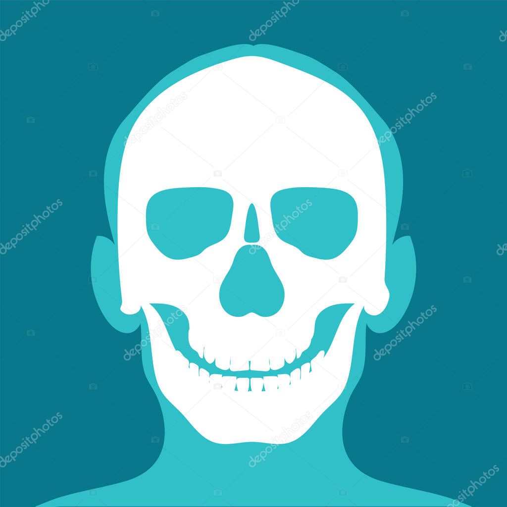 Xray of head and neck isolated on blue backdround. the joints and bones,human joints, skeletal spinal bone structure of Human Spine, medical health care flat vector illustration.