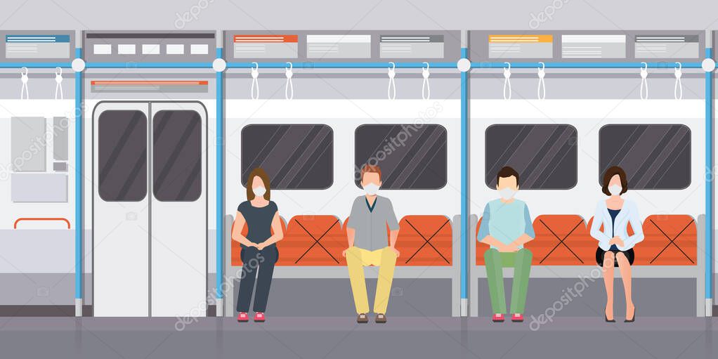 Social distancing concept with people wearing medical masks on subway train. keep spaces between each chairs make separate for social distancing, increasing physical space between people to avoid spreading illness during transmission of COVID-19.vect