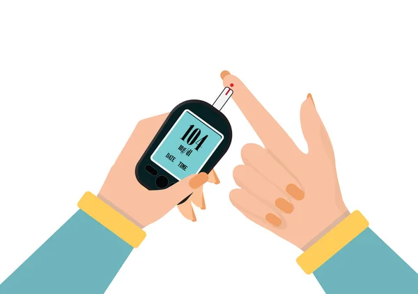 ヒトの手は糖尿病と高血糖値モニターをデジタル圧力計でチェックします ヘルスケアと医療の概念ベクトル図 — ストックベクタ