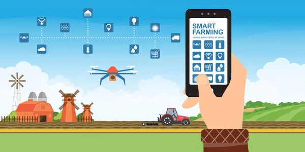 Jordbrukare Med Hjälp Smart Telefon För Kontroll Och Övervakning Fältet — Stock vektor