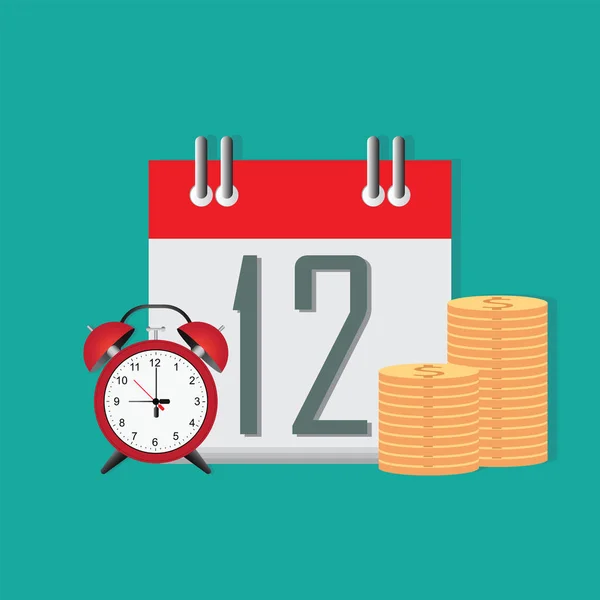 Tempo Risparmiare Denaro Concettuale Timer Orologio Con Sacco Denaro Calendario — Vettoriale Stock