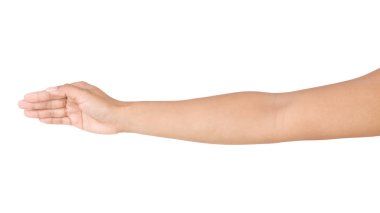 Female asian hand gestures isolated over the white background. 