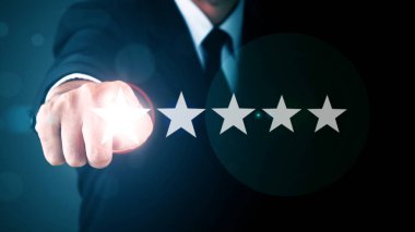 Businessman without head pointing five star visual symbol to increase rating of company. COPY SPACE.