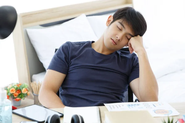 Tried Asian Man Napping Office Hard Workday Working Desk Tried — Stock Photo, Image