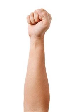 Beyaz arka planda izole edilmiş Asyalı erkek el hareketleri. Beş parmağınla kavra. Yumruk.